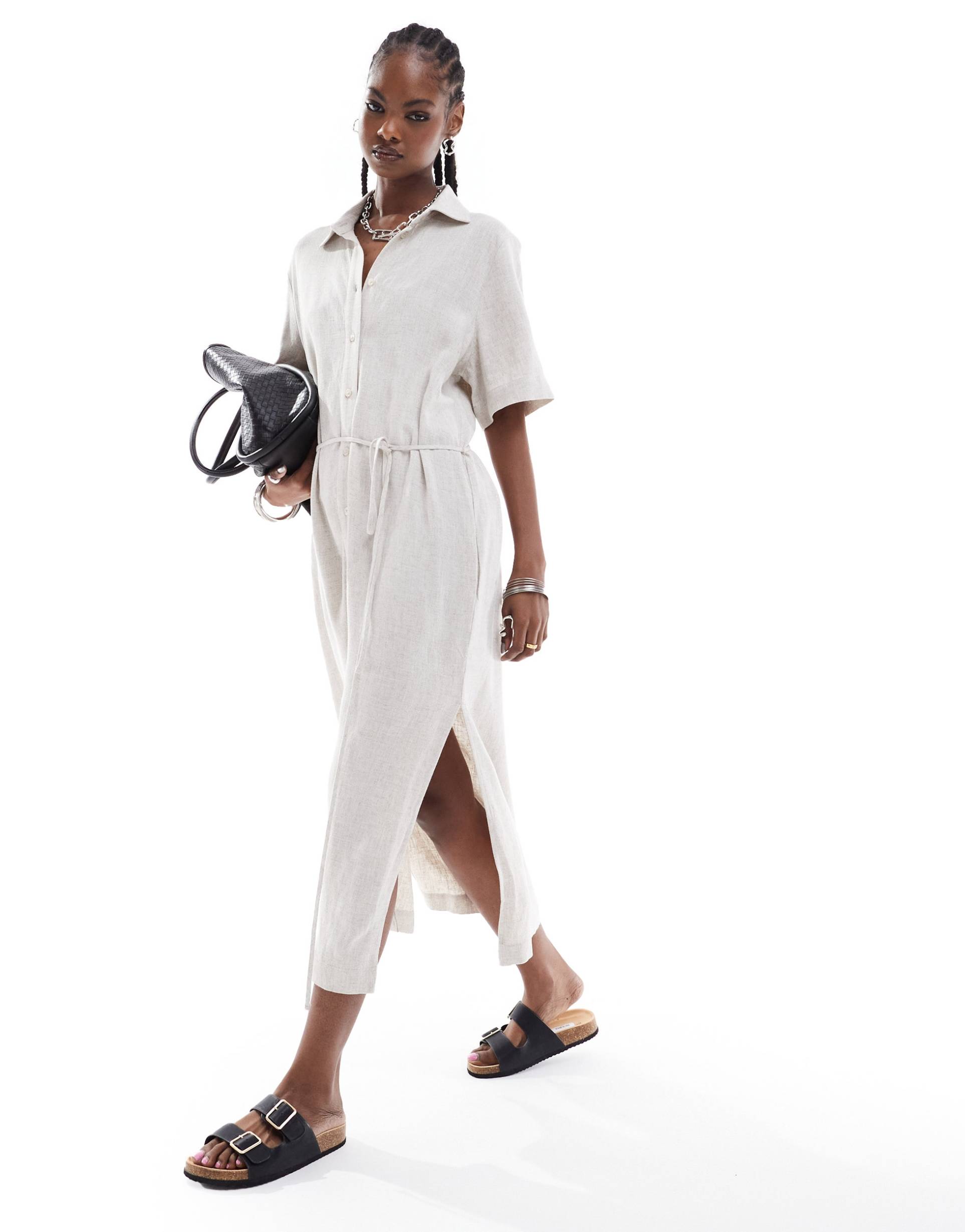 weekday carla linen mix midi shirt dress in off-white