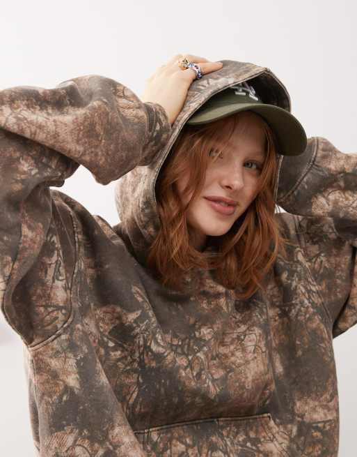 Weekday Carla oversized hoodie with distressed tie dye print in khaki (part of a set)