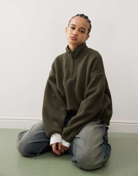 Weekday Carro half zip borg sweatshirt in khaki - view 1