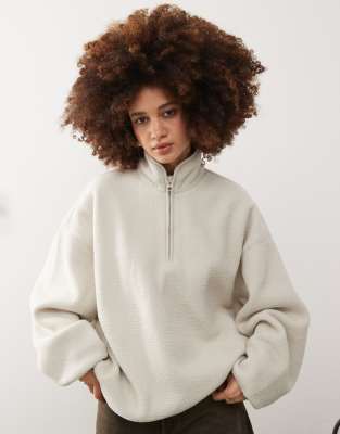 Carro half zip teddy sweatshirt in off-white