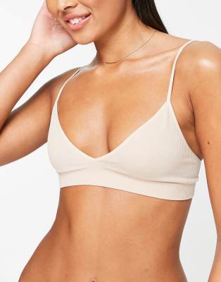 Weekday Cat recycled ribbed triangle bra in beige-Neutral