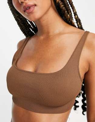 Weekday Cat ribbed triangle bra in beige - BEIGE