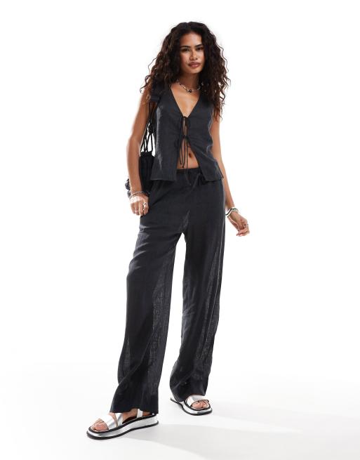 Weekday Cecile co-ord pointelle tie front vest in off-black, 2 of 4