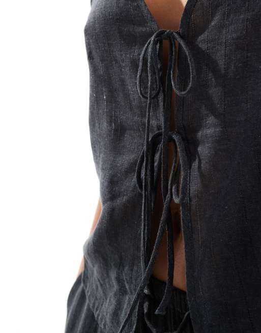 Weekday Cecile pointelle tie front singlet in off black (part of a set), 3 of 4