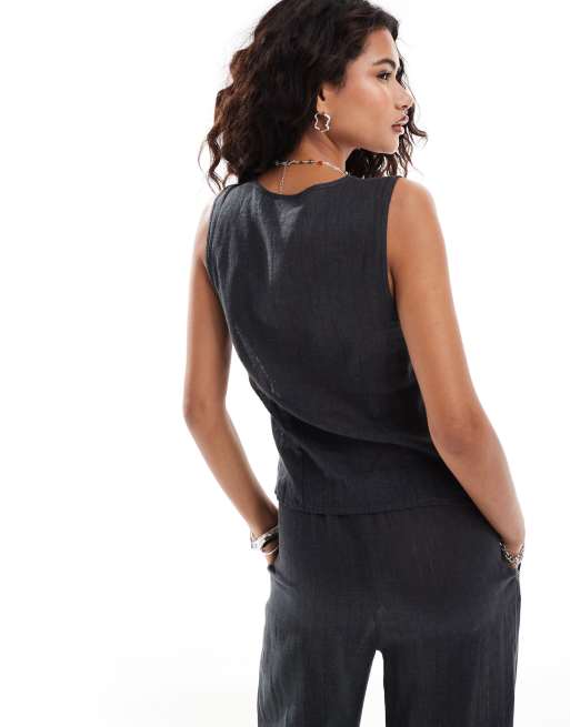 Weekday Cecile pointelle tie front singlet in off black (part of a set), 4 of 4