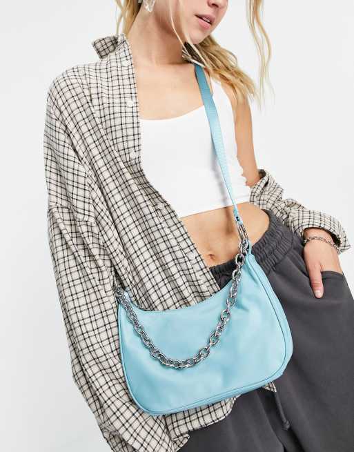 chain embellished leather and recycled nylon shoulder bag