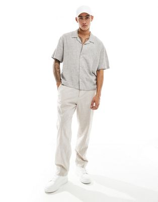 Weekday Charlie linen boxy fit short sleeve shirt in light mole
