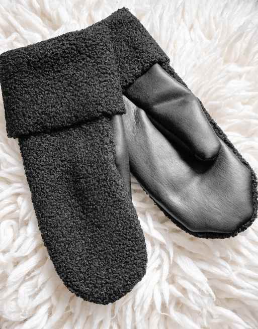 Weekday Cheerio boucle and faux leather mittens in black ASOS