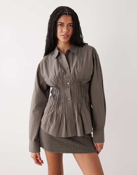Weekday - Chemise cintrée à rayures avec fronces et ourlet à basque - Gris - view 1