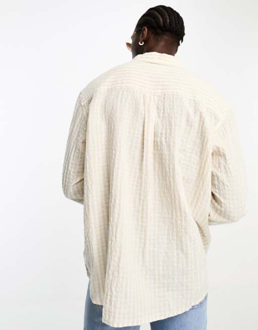 Weekday - Chemise oversize en lin et crépon mélangés - Beige et blanc cassé à rayures, 3 de 4