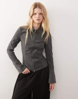 Chemise zippée à rayures avec manches évasées et chevrons - Gris chiné 38