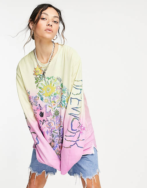 Weekday Chicory cotton  long sleeve oversized top with floral print in tie dye - MULTI