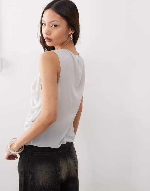 Weekday chiffon sleeveless blouse with asymmetric gathered front detail in light gray, 2 of 4
