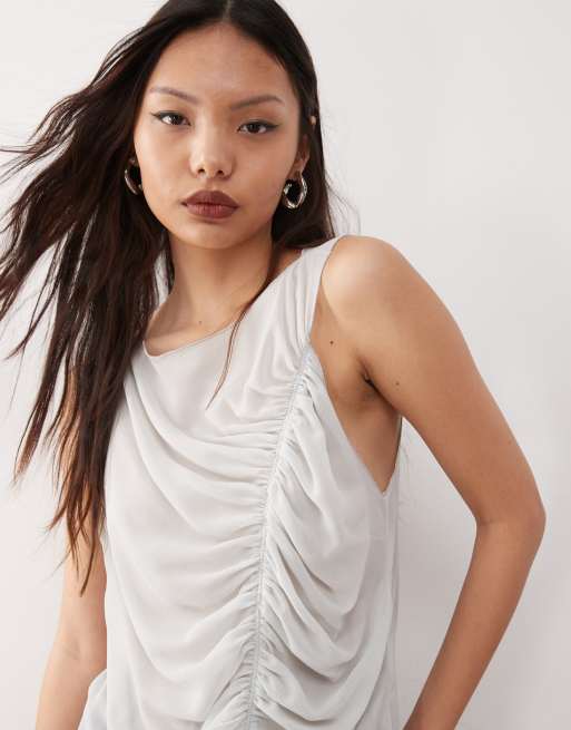 Weekday chiffon sleeveless blouse with asymmetric gathered front detail in light gray, 3 of 4