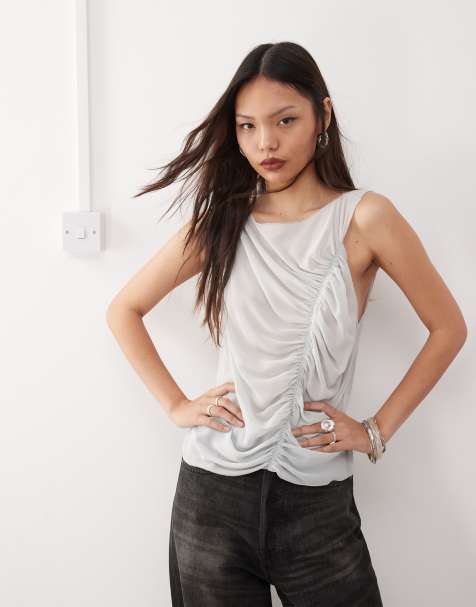 Weekday chiffon sleeveless blouse with asymmetric gathered front detail in light grey - view 1