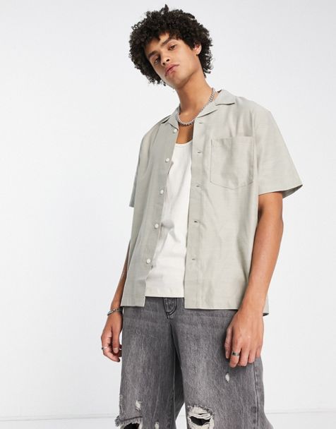 Only & Sons oversize camp collar shirt in beige space dye