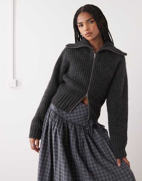 Weekday chunky rib hem zip up cardigan in off black melange - view 1