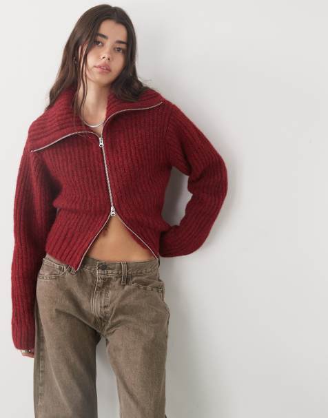 Weekday chunky ribbed hem zip up cardigan in burgundy melange - view 1