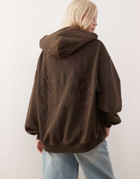 Weekday – Ciemnobrązowa bluza oversize z kapturem i haftowanym wzorem - view 1