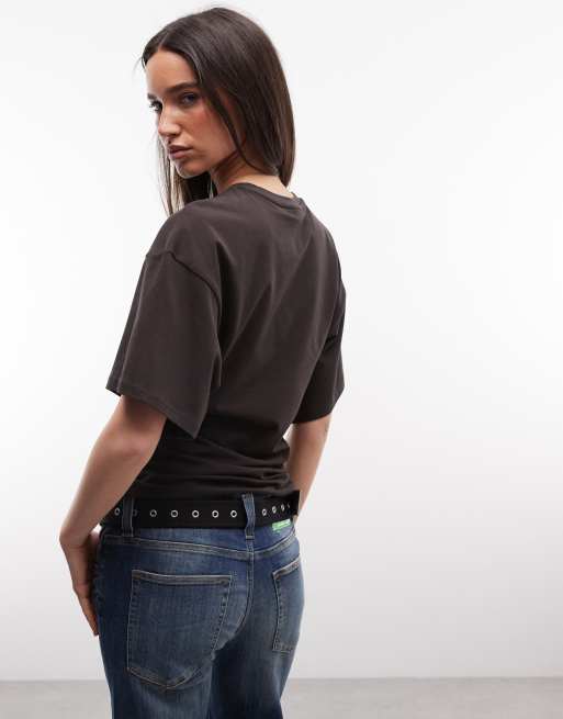 Weekday – Ciemnobrązowy T-shirt ze zwężaną talią, 3 z 4
