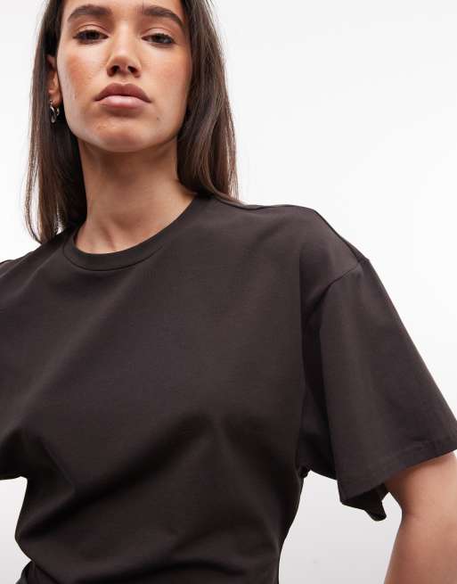 Weekday – Ciemnobrązowy T-shirt ze zwężaną talią, 4 z 4