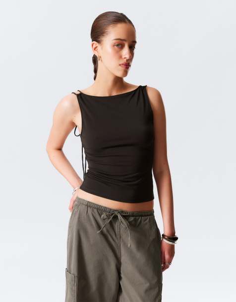 Weekday strappy boat neck top in dark brown