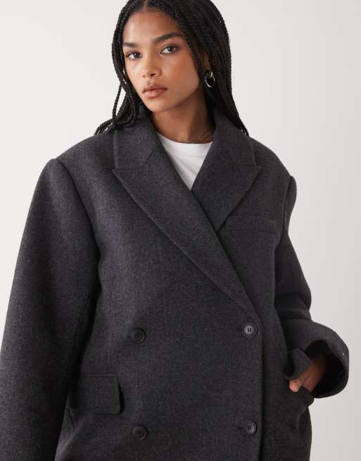 Weekday – Ciemnoszara dwurzędowa kurtka oversize z mieszanki wełny w jodełkę, 2 z 4