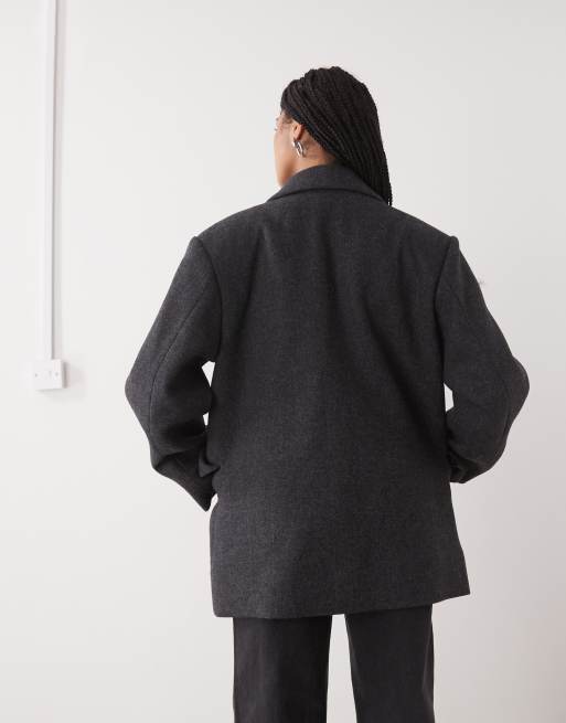 Weekday – Ciemnoszara dwurzędowa kurtka oversize z mieszanki wełny w jodełkę, 3 z 4