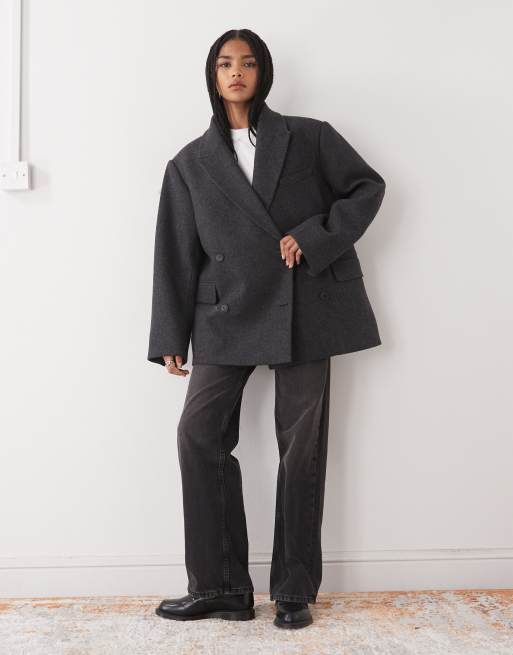 Weekday – Ciemnoszara dwurzędowa kurtka oversize z mieszanki wełny w jodełkę, 4 z 4