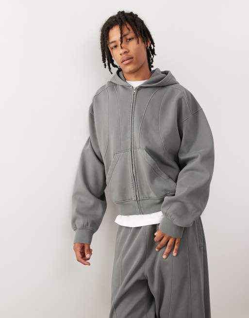 Weekday – Ciemnoszara zapinana na zamek bluza z kapturem oversize z wyeksponowanymi szwami, część zestawu