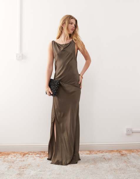 Weekday boat neck bias cut satin maxi dress in dark mole