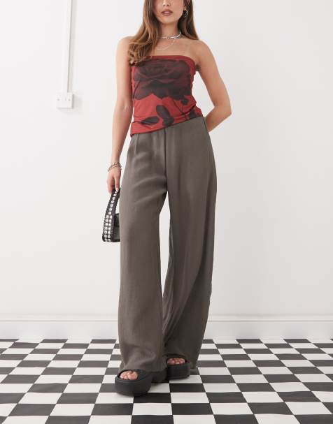 Weekday wide leg plisse trousers in dark mole