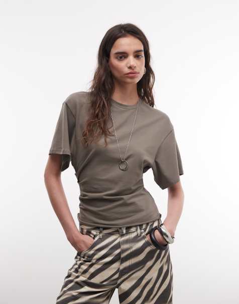 Weekday – Ciemnoszary T-shirt ze zwężaną talią - view 1