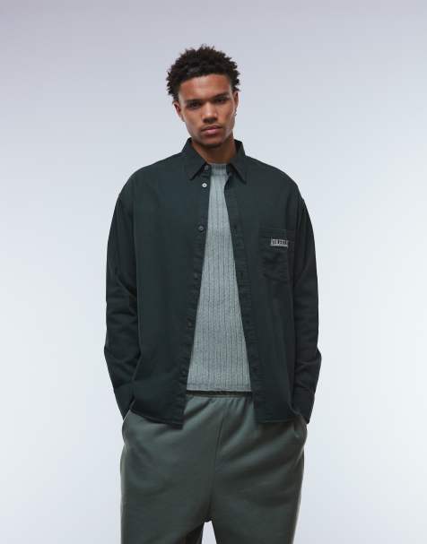 Weekday oversized fit long sleeve shirt with text embroidery in dark green