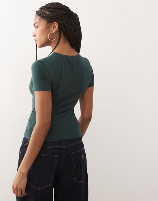 Weekday – Ciemnozielony dopasowany T-shirt, 3 z 4