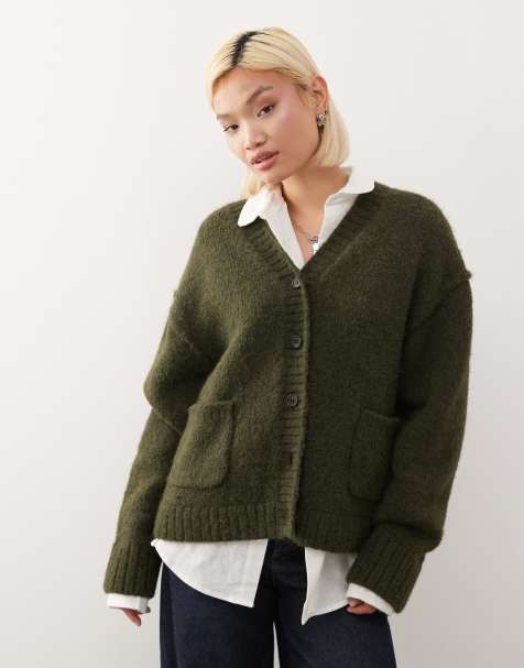Weekday wool blend relaxed fit v neck cardigan in dark green melange