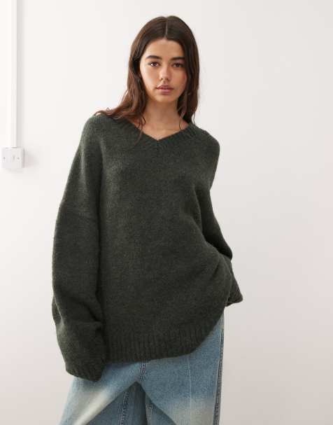 Weekday – Ciemnozielony melanżowy sweter z mieszanki wełny o fasonie super oversize z dekoltem w szpic - view 1