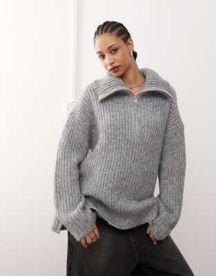 Cillia half zip extreme collar heavyweight sweater in gray melange