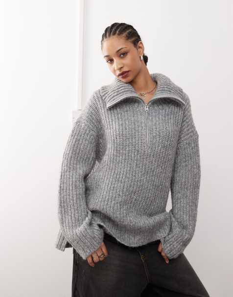 Weekday Cillia half zip extreme collar heavyweight sweater in gray melange - view 1