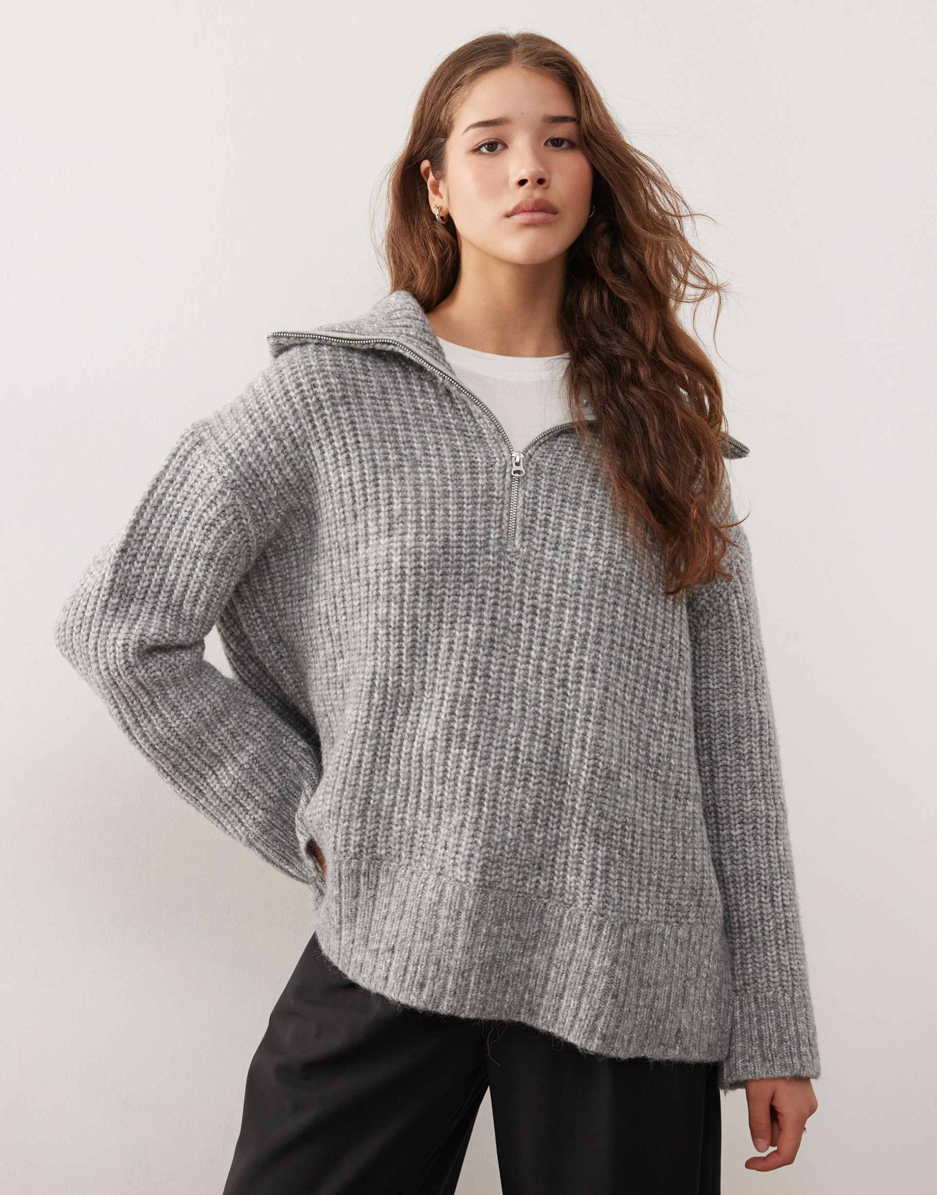 weekday cillia half zip extreme collar heavyweight sweater in gray melange