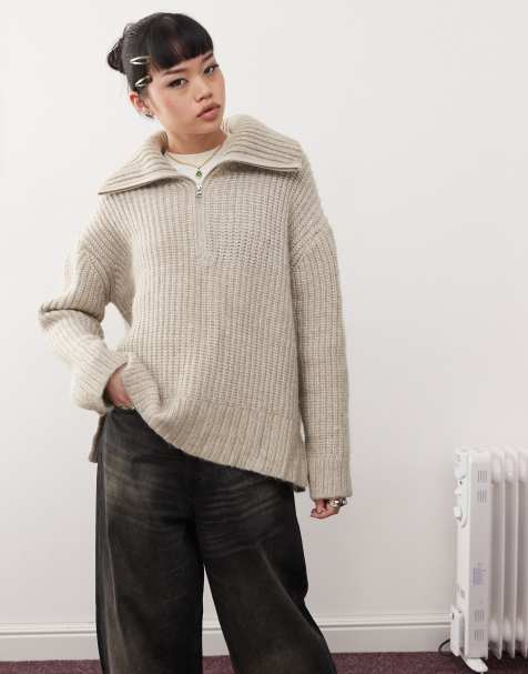 Weekday Cillia half zip jumper in beige melange - view 1