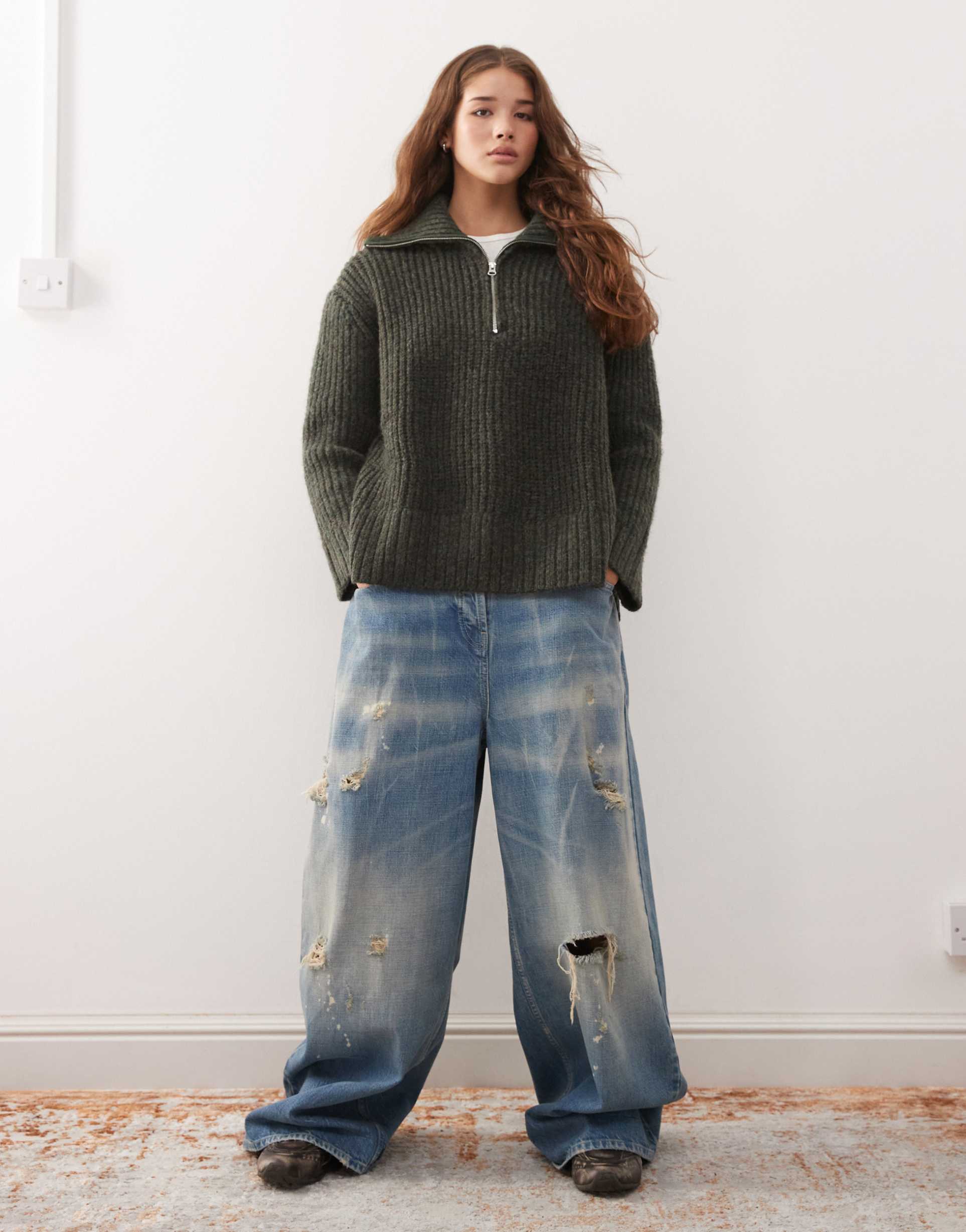 weekday cillia half zip sweater in dark green melange