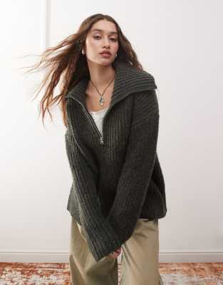 Weekday - Cillia - Maglione verde scuro mélange con zip corta - view 1