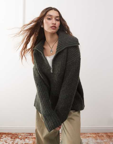 Weekday – Cillia – Pullover in melierten Dunkelgrün mit kurzem Reißverschluss - view 1