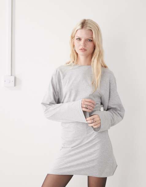 Weekday cinch waist long sleeve mini dress in grey melange - view 1