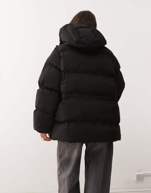 Weekday cinched puffer coat with detachable hood in black
