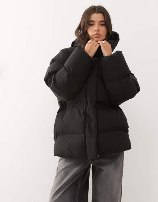 Weekday cinched puffer coat with detachable hood in black