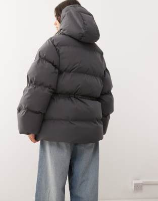 Weekday Cinched Puffer Coat With Detachable Hood In Gray