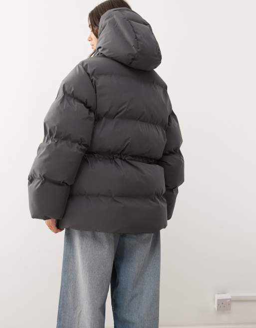Weekday cinched puffer coat with detachable hood in dark gray