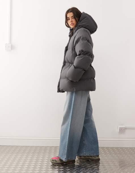 Weekday cinched puffer coat with detachable hood in dark grey - view 1